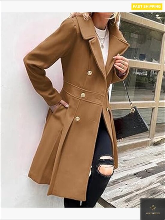 Double Breasted Wool Blend Pea Coat Notch Lapel A-Line Flared Elegant Classic - Picture 5 of 5